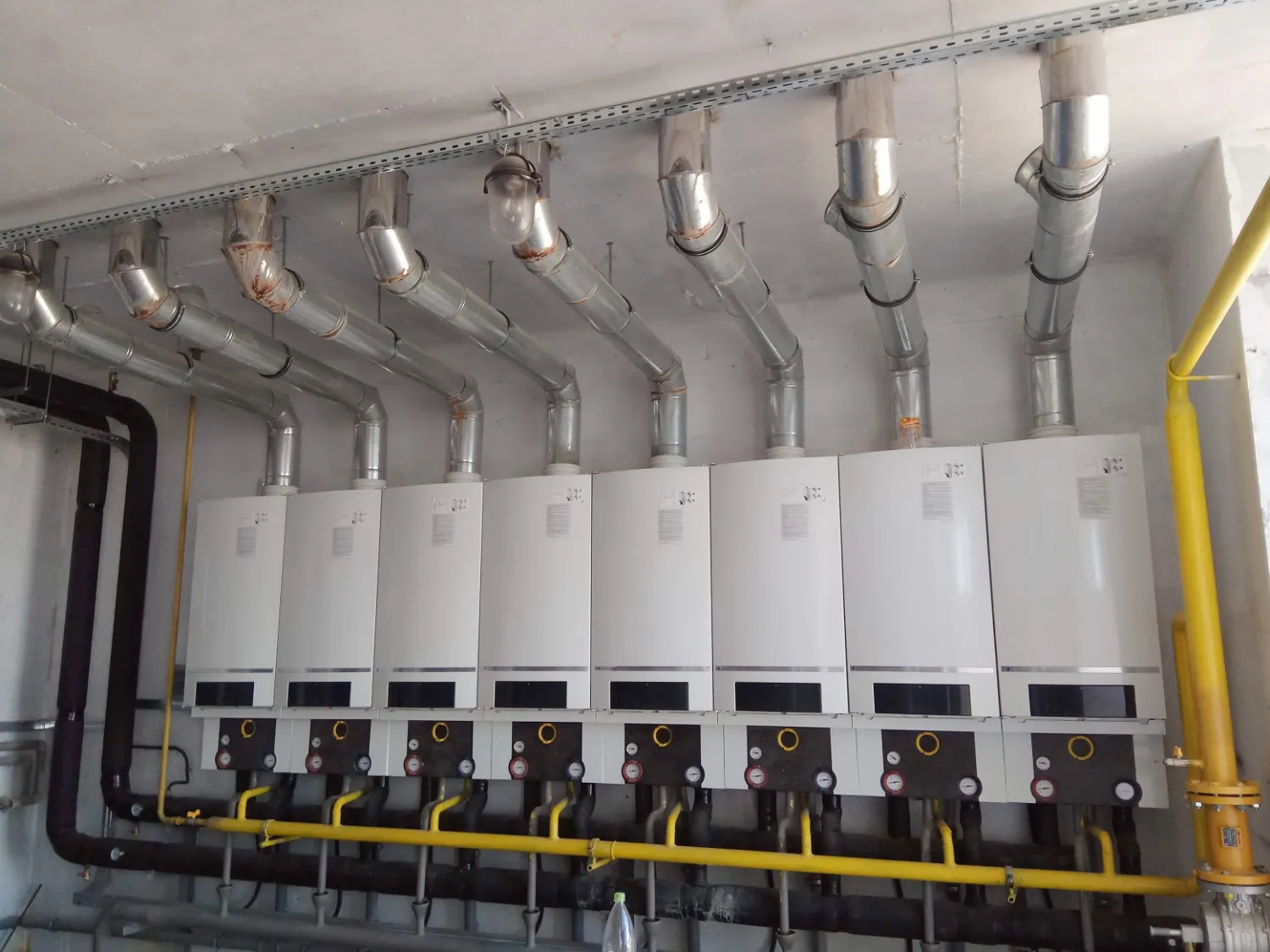 A row of wall-mounted commercial boilers with silver exhaust flues and yellow gas lines.