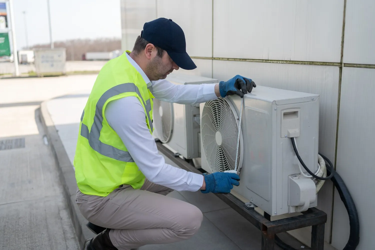 A technician in a high-visibility vest and cap measuring a small commercial AC unit with a tape measure.