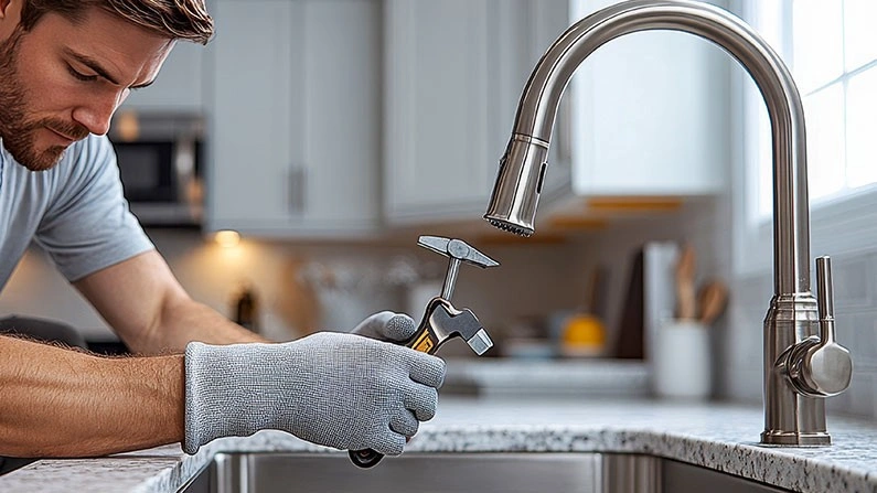 Man using tool to repair faucet.
