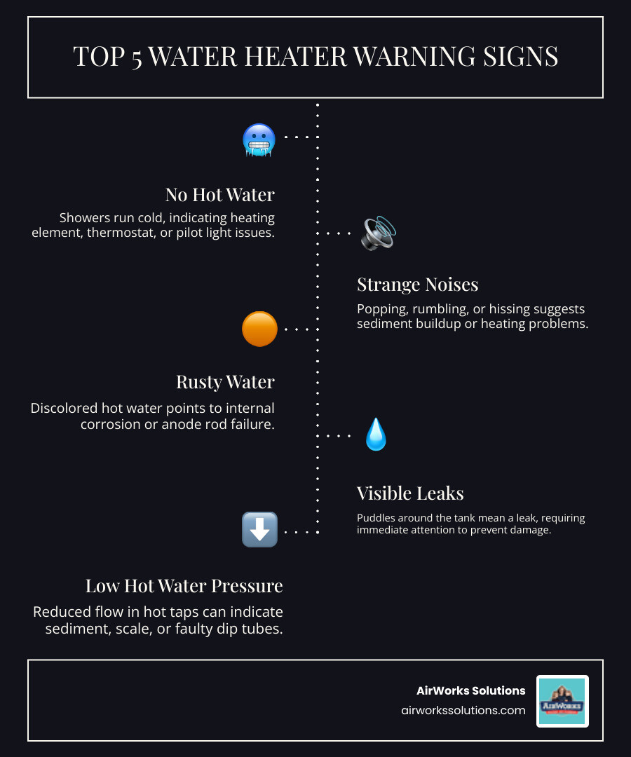 Infographic showing 7 common signs your water heater needs professional repair: 1. No hot water or lukewarm water only, 2. Inconsistent water temperatures throughout the day, 3. Popping, rumbling, or hissing noises from the tank, 4. Discolored or rusty water from hot taps, 5. Visible leaks or moisture around the unit, 6. Low hot water pressure, 7. Frequent pilot light failures or tripped breakers - water heater repair in somis ca infographic infographic-line-5-steps-dark
