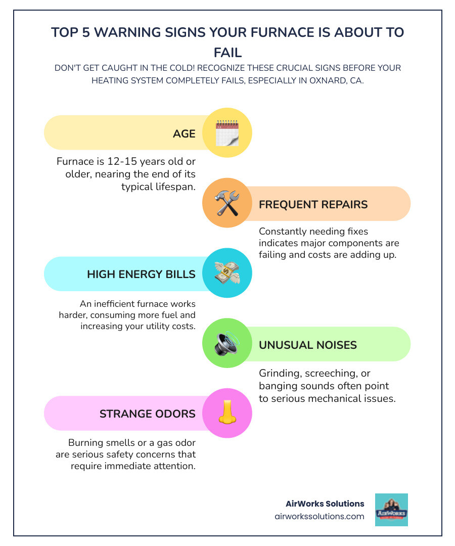 Infographic showing the top 5 warning signs your furnace is about to fail: system is 12-15 years old or older, frequent repairs becoming more common, rising energy bills without explanation, strange noises like grinding or screeching sounds, and unusual odors including gas smell or burning smells - emergency heating replacement in oxnard, ca infographic infographic-line-5-steps-colors