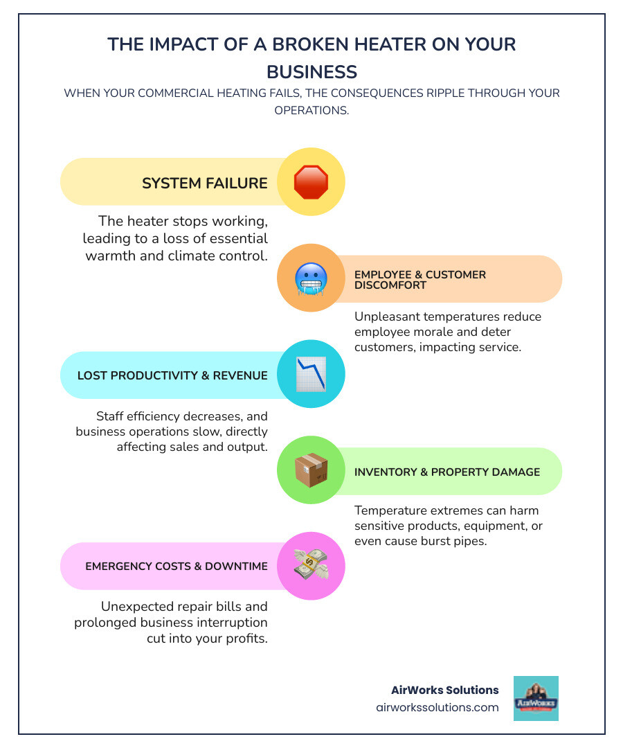 Infographic showing the cascading impact of commercial heater failure: Starting with system breakdown at top, branching to employee discomfort and customer complaints, leading to decreased productivity and lost revenue, then potential inventory damage from temperature extremes, ending with emergency repair costs and business interruption at bottom - 24 hour commercial heater installation in oxnard, ca infographic infographic-line-5-steps-colors