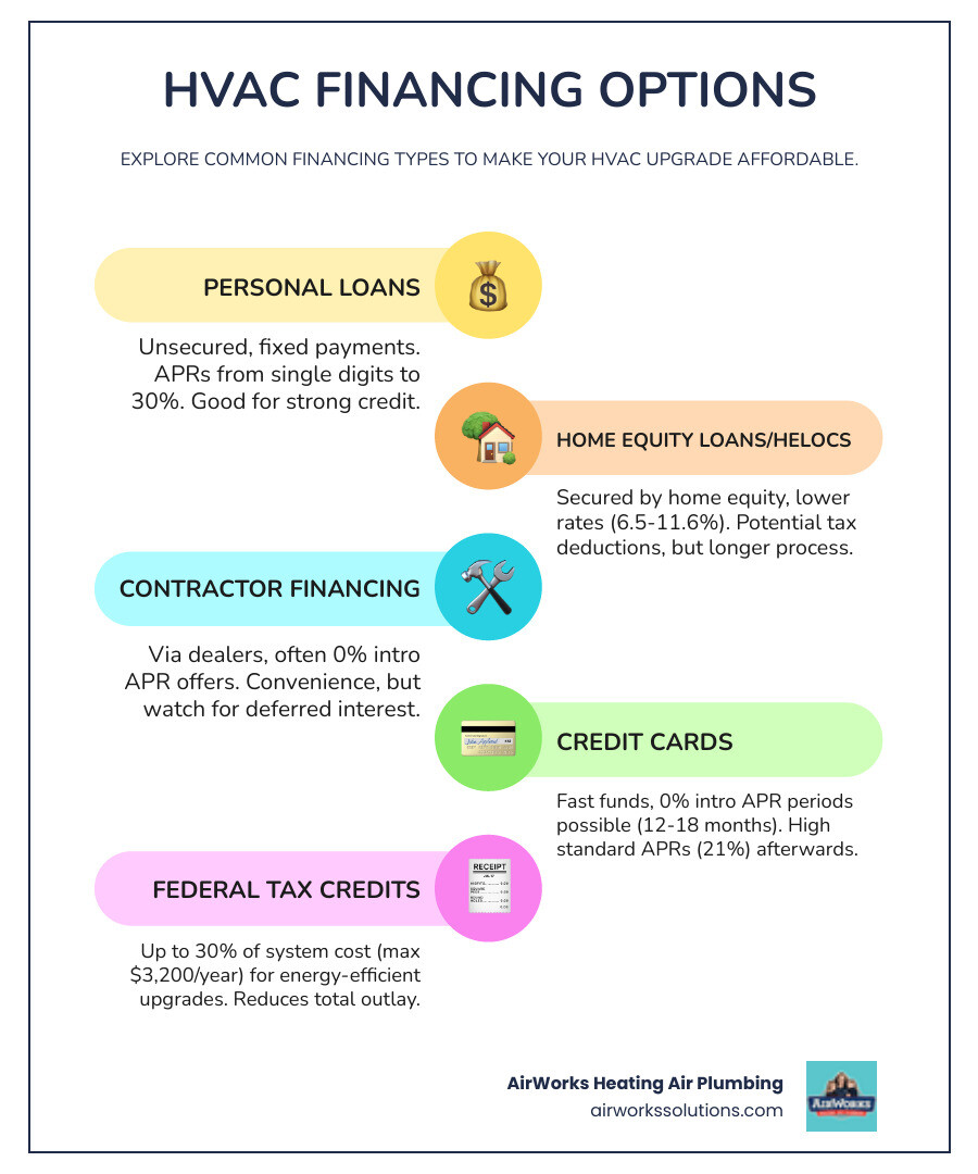 infographic showing four main HVAC financing types with key features: personal loans with fixed payments, home equity options with lower rates, contractor plans with promotional offers, and credit cards for short-term needs, plus federal tax credits reducing total costs by up to 30 percent - HVAC financing options for homeowners infographic infographic-line-5-steps-colors