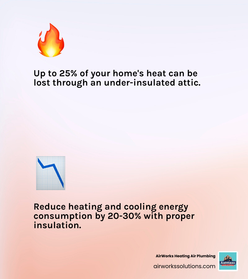 Infographic showing heat loss through an under-insulated attic in winter, with arrows indicating warm air escaping upward, and heat gain in summer with hot air radiating down into living spaces, plus statistics showing up to 25% heat loss and 20-30% energy cost reduction with proper insulation - attic insulation experts in somis, ca infographic 2_facts_emoji_light-gradient