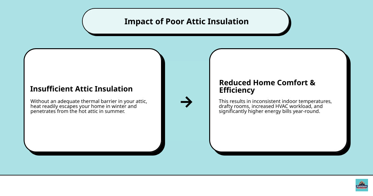 Infographic showing heat loss through poorly insulated attic in winter and heat gain in summer, with arrows indicating air movement and temperature differences between conditioned living space and unconditioned attic - attic insulation company in oxnard, ca infographic cause_effect_text