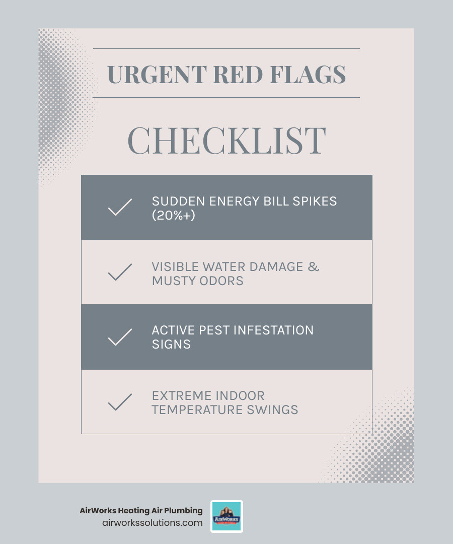 Infographic showing 5 critical warning signs requiring emergency attic insulation: 1) Water stains on ceiling with moisture percentage indicator, 2) Energy bill chart showing 20%+ spike, 3) Rodent droppings illustration with health hazard symbol, 4) Mold growth timeline from 24-48 hours after water exposure, 5) Temperature variance diagram showing 10+ degree differences between rooms - emergency attic insulation in oxnard, ca infographic checklist-light-blue-grey Infographic showing 5 critical warning signs requiring emergency attic insulation: 1) Water stains on ceiling with moisture percentage indicator, 2) Energy bill chart showing 20%+ spike, 3) Rodent droppings illustration with health hazard symbol, 4) Mold growth timeline from 24-48 hours after water exposure, 5) Temperature variance diagram showing 10+ degree differences between rooms - emergency attic insulation in oxnard, ca infographic checklist-light-blue-grey
