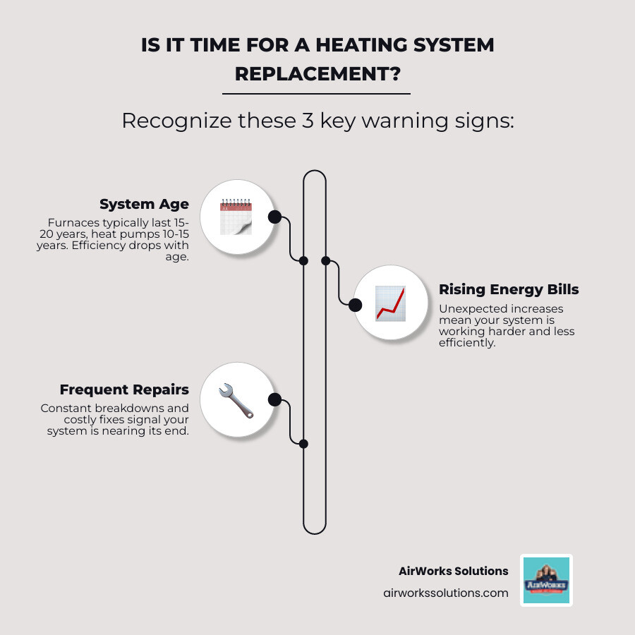 Infographic showing three warning signs for heating replacement: a calendar showing 15-20 years for system age, a rising chart for increasing energy bills, and a wrench icon for frequent costly repairs - heating installation in thousand oaks ca infographic infographic-line-3-steps-elegant_beige