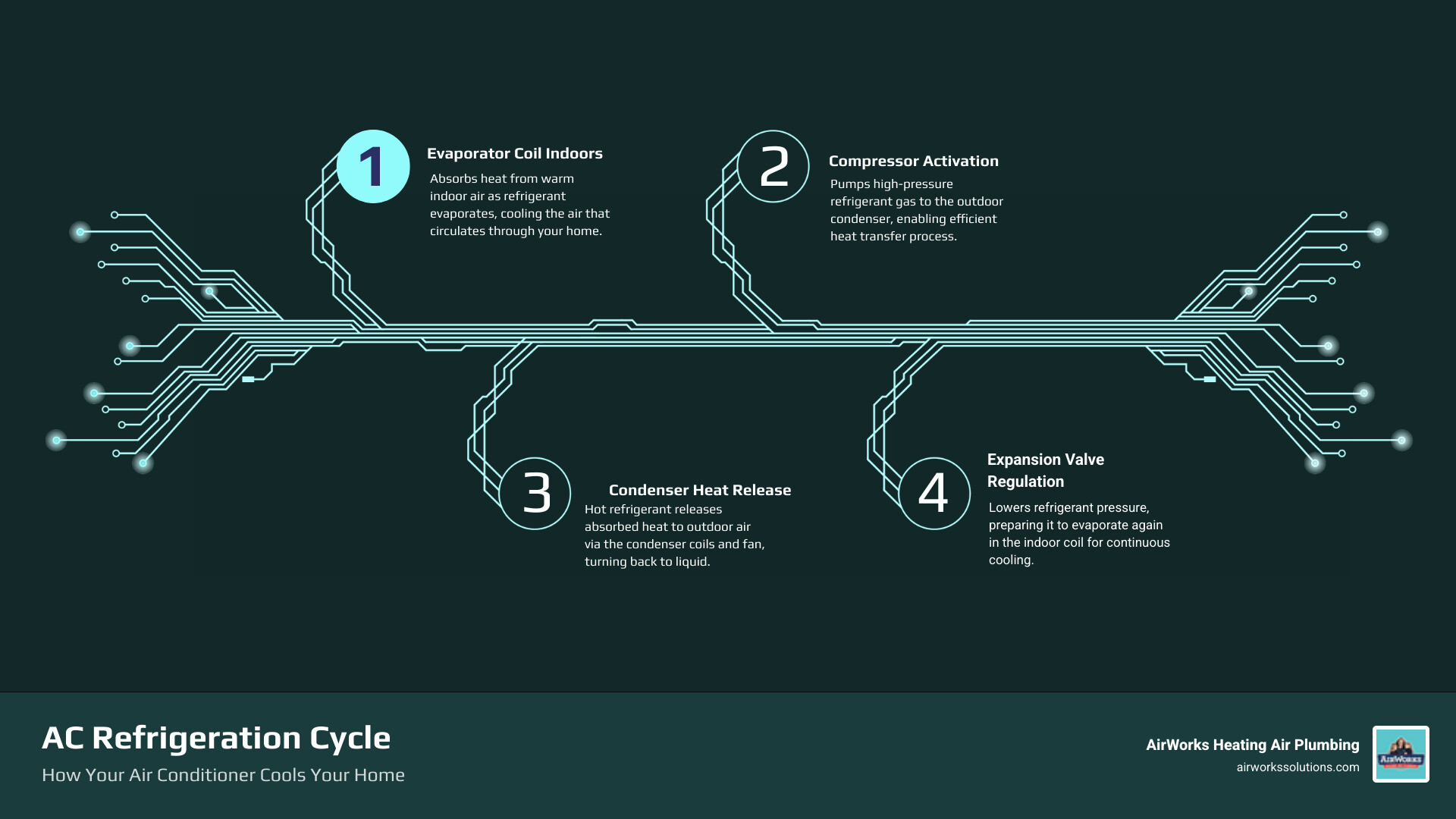 infographic showing the refrigeration cycle with labeled components including evaporator coil indoors, condenser unit outdoors, refrigerant flow arrows, compressor, expansion valve, and heat transfer process from indoor air to outdoor environment - ac repair in bell canyon ca infographic infographic-4-steps-tech infographic showing the refrigeration cycle with labeled components including evaporator coil indoors, condenser unit outdoors, refrigerant flow arrows, compressor, expansion valve, and heat transfer process from indoor air to outdoor environment - ac repair in bell canyon ca infographic infographic-4-steps-tech
