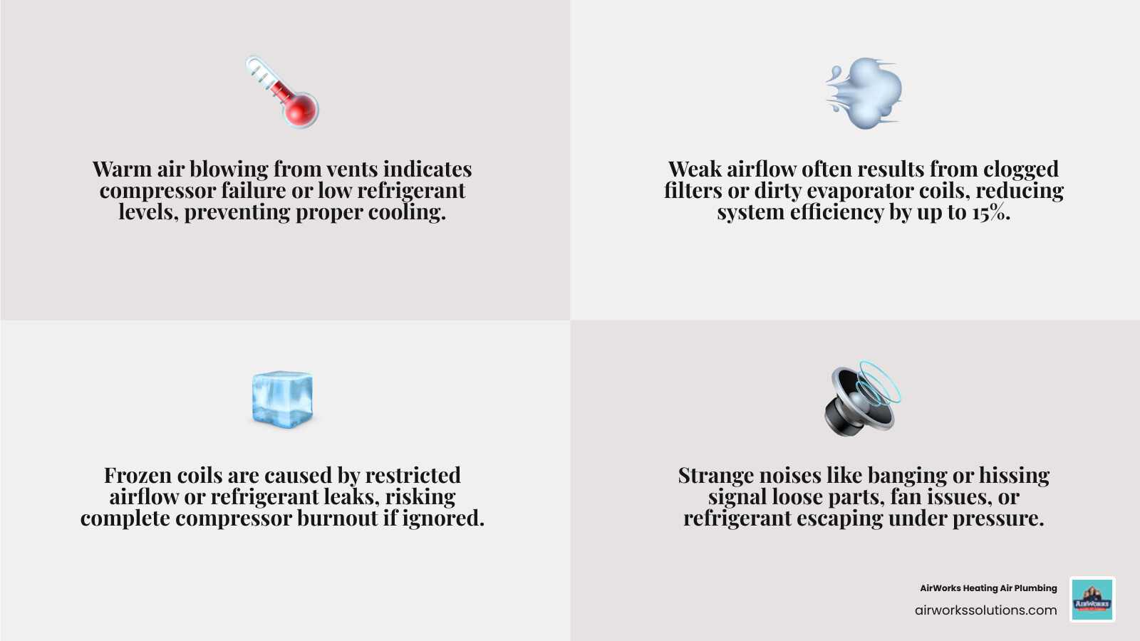 Infographic showing common AC problems in Camarillo: warm air from vents, weak airflow, refrigerant leaks, frozen coils, thermostat issues, strange noises, high humidity, and rising energy bills with recommended solutions - ac repair in camarillo ca infographic 4_facts_emoji_grey Infographic showing common AC problems in Camarillo: warm air from vents, weak airflow, refrigerant leaks, frozen coils, thermostat issues, strange noises, high humidity, and rising energy bills with recommended solutions - ac repair in camarillo ca infographic 4_facts_emoji_grey