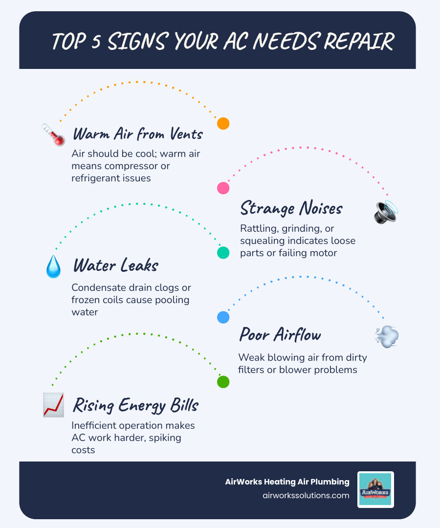 infographic showing common AC problems in Agoura Hills homes including warm air from vents, strange noises, water leaks, poor airflow, high humidity indoors, thermostat issues, and rising energy bills with icons for each symptom - ac repair in agoura hills ca infographic infographic-line-5-steps-blues-accent_colors