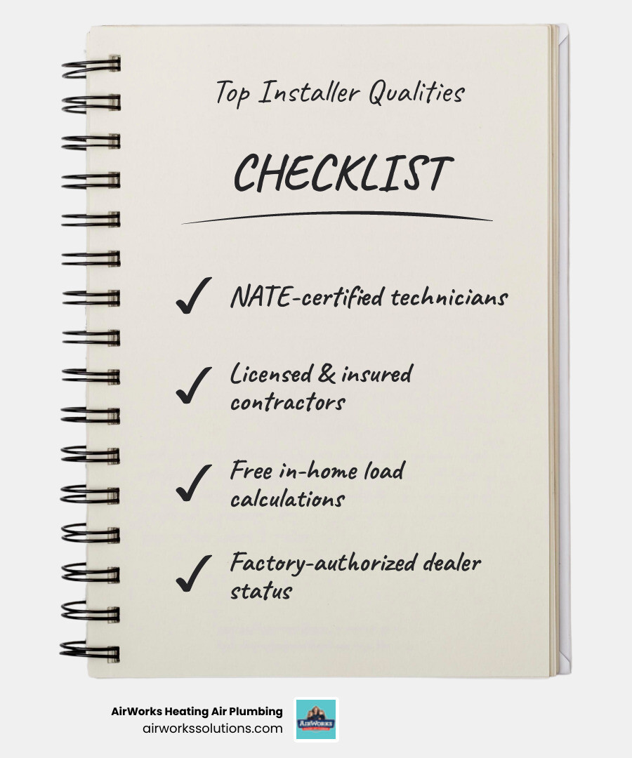 Infographic showing key steps to choosing a heat pump installation company in Somis CA including certifications, sizing