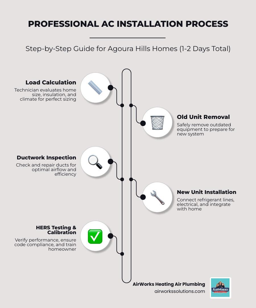 infographic showing professional AC installation process including load calculation, system selection, permit handling, old unit removal, ductwork inspection, refrigerant line connection, electrical hookup, HERS testing, calibration, and homeowner training with timeline of 1-2 days and key benefits of energy efficiency, warranty protection, and code compliance - ac installation in agoura hills ca infographic infographic-line-5-steps-elegant_beige