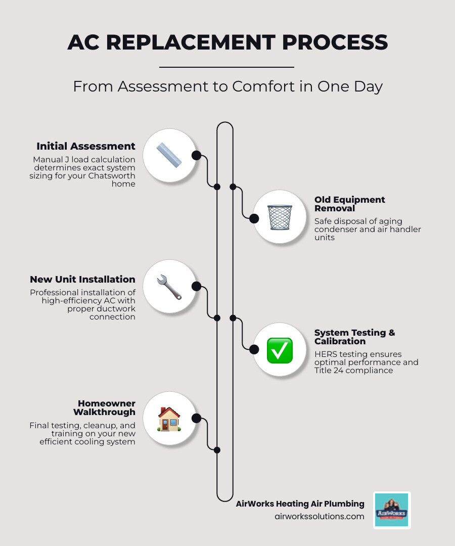 infographic showing the AC replacement process from assessment through installation, including system sizing, energy efficiency ratings, equipment removal, new unit installation, testing, and first-year maintenance schedule - ac replacement in chatsworth ca infographic infographic-line-5-steps-elegant_beige infographic showing the AC replacement process from assessment through installation, including system sizing, energy efficiency ratings, equipment removal, new unit installation, testing, and first-year maintenance schedule - ac replacement in chatsworth ca infographic infographic-line-5-steps-elegant_beige
