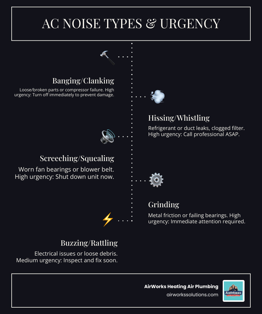 infographic showing common AC noise types, their causes, and urgency levels from low to emergency - ac making strange noises