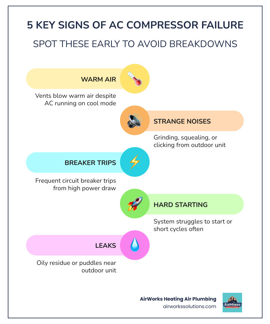 Infographic showing 7 warning signs of a failing AC compressor with icons for each symptom - how to tell if ac compressor is Infographic showing 7 warning signs of a failing AC compressor with icons for each symptom - how to tell if ac compressor is