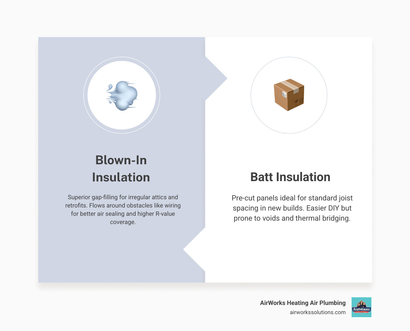 Infographic comparing blown-in vs batt attic insulation: R-values, coverage, cost ROI, and best use cases - blown in vs batt