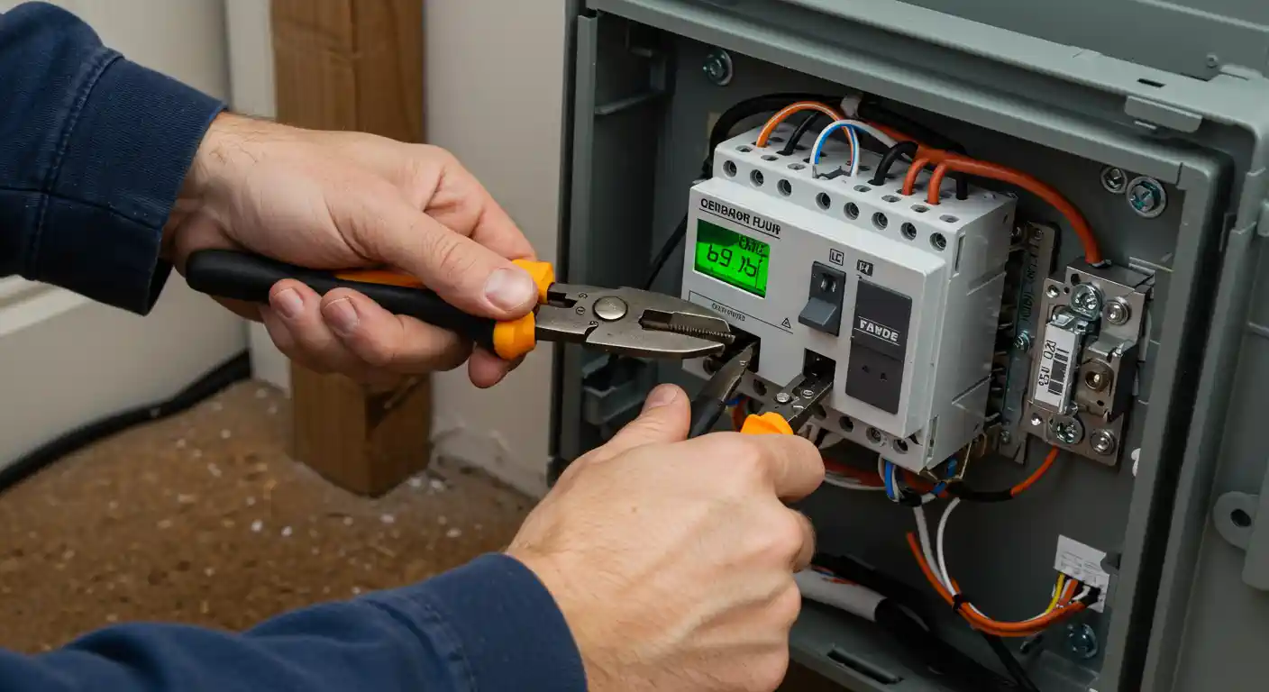 A pair of hands wearing a dark blue long-sleeved shirt is using pliers to work on the wiring inside a gray electrical panel.