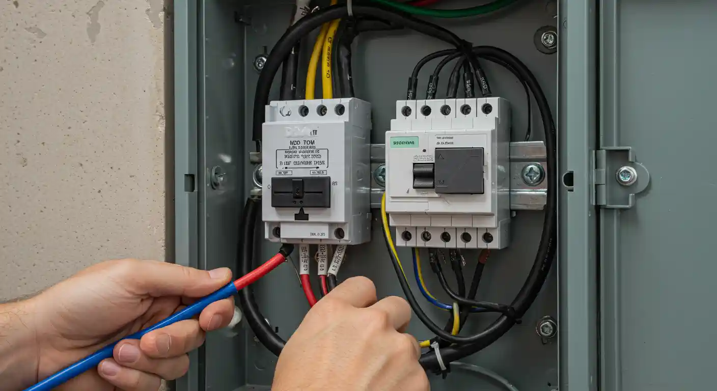 A close-up view shows a person's hands holding a blue cable with red and black wires exposed at the end, preparing to connect them to an electrical panel.