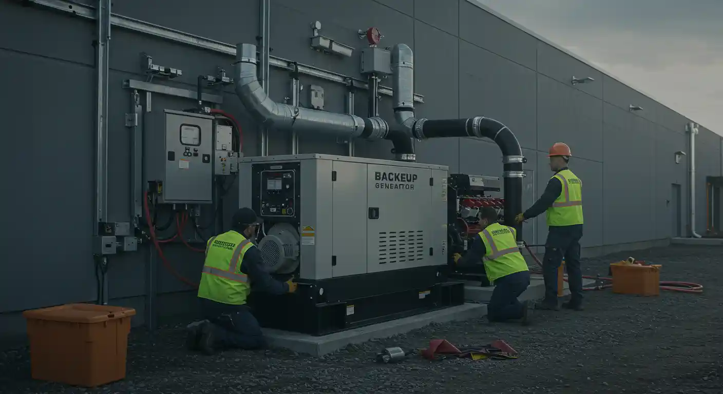 Three workers wearing hard hats and reflective vests are installing a large, gray industrial backup generator outside a modern building.