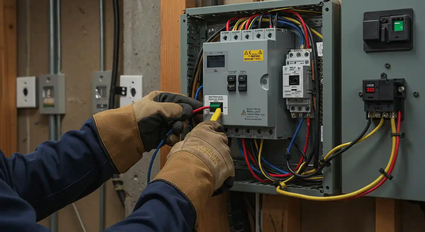 A close-up shot shows a person wearing brown work gloves and a dark blue uniform, actively wiring a large, gray automatic transfer switch inside an electrical panel.