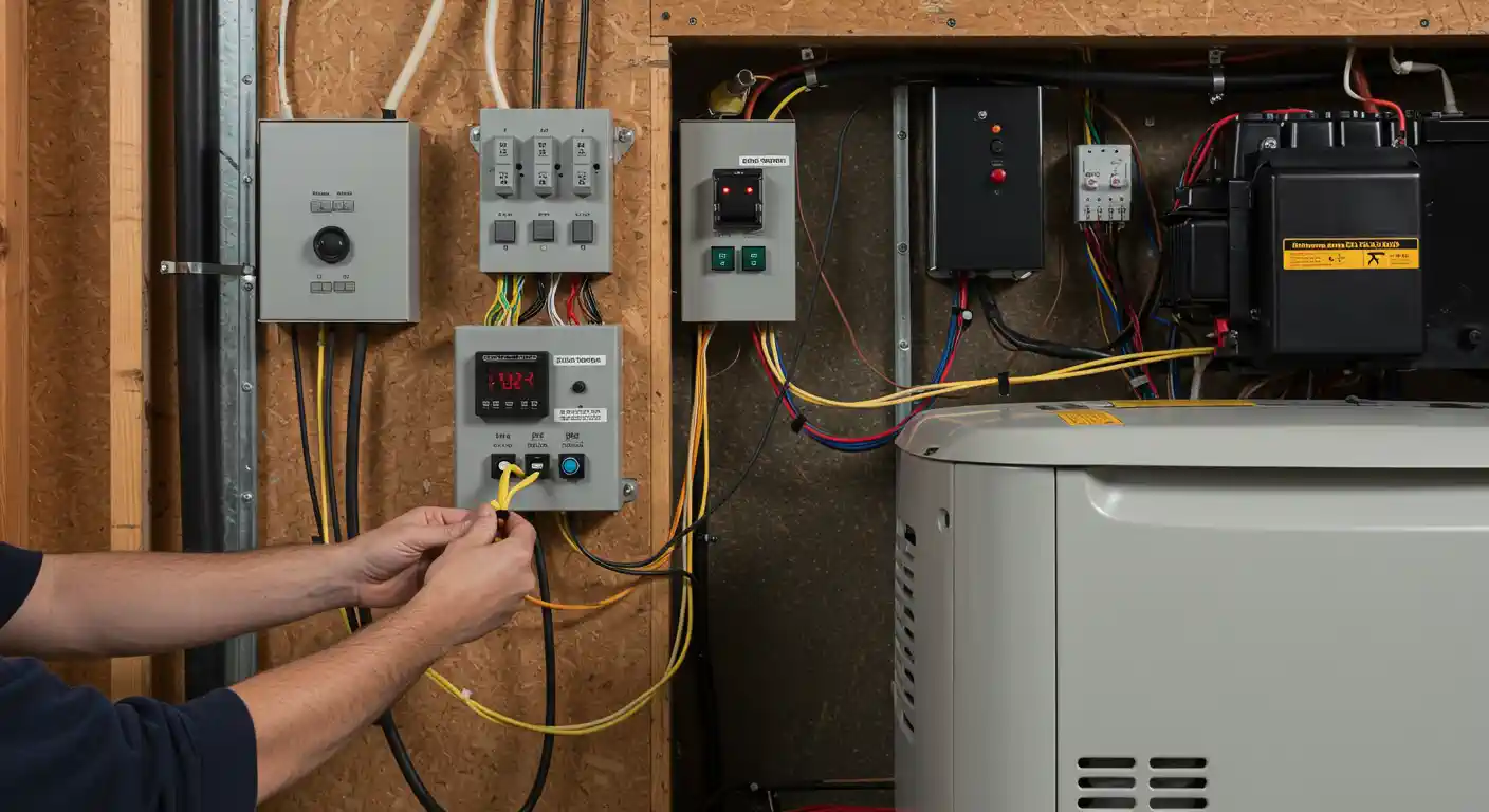 A pair of hands is connecting a yellow Ethernet cable to a small, gray control panel mounted on a wooden wall.