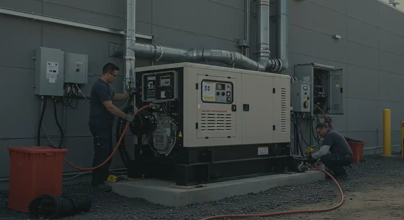 Two workers in dark uniforms are installing a large, beige industrial backup generator on a concrete pad outside a gray building.