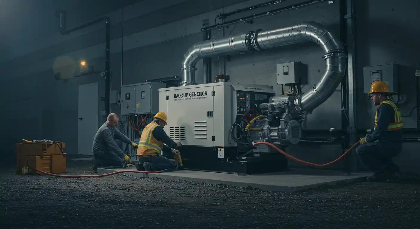 Two technicians wearing hard hats and safety vests are working together to install a large, industrial backup generator in a dimly lit utility room. One technician is kneeling near the front of the unit, while the other kneels on the far side, both focused on connecting components. The generator, a large beige unit with an exposed engine block, is connected to two large, silver exhaust pipes that curve upwards. A bright red cable runs from the generator across the floor, highlighting the complex and professional nature of the installation.