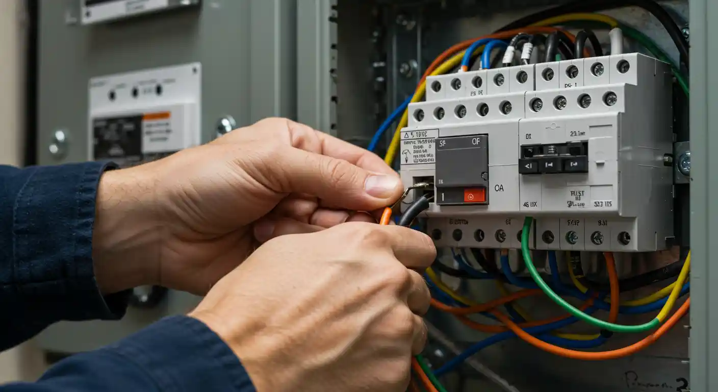 A close-up view shows a person's hands carefully connecting wires to an electrical switch inside a gray metal panel.