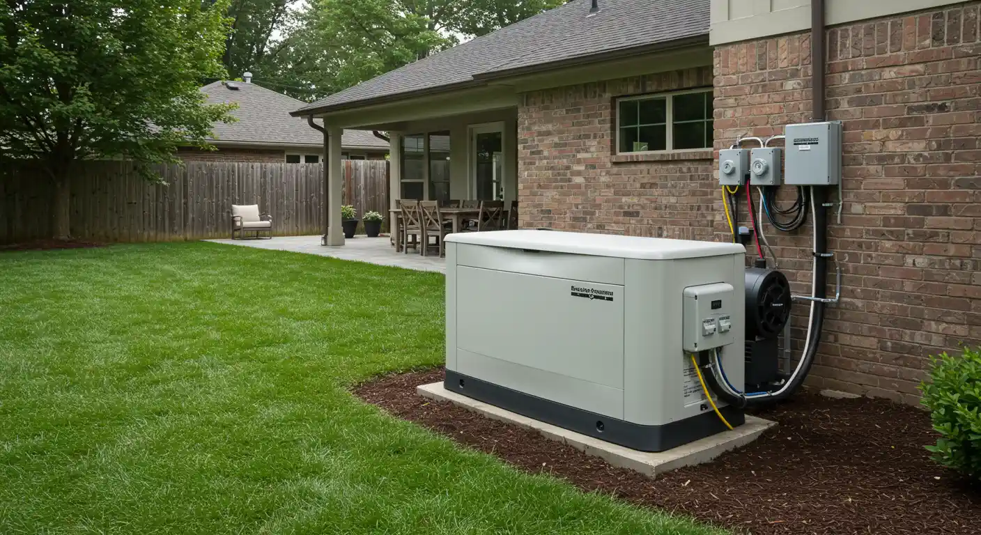 A quiet, beige residential backup generator is installed on a small concrete pad next to a brick house.