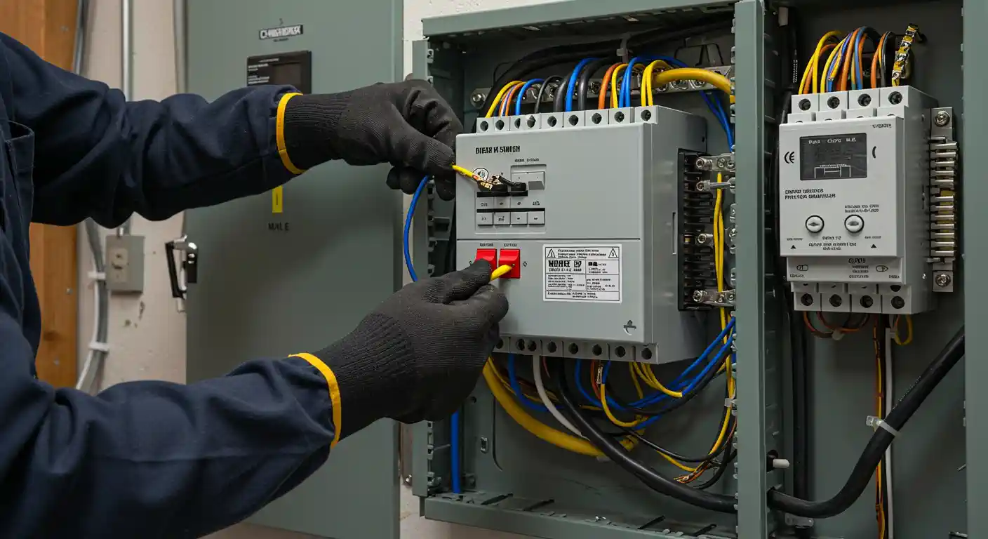 A person wearing a dark blue uniform and black gloves with yellow cuffs is working inside an open electrical panel.