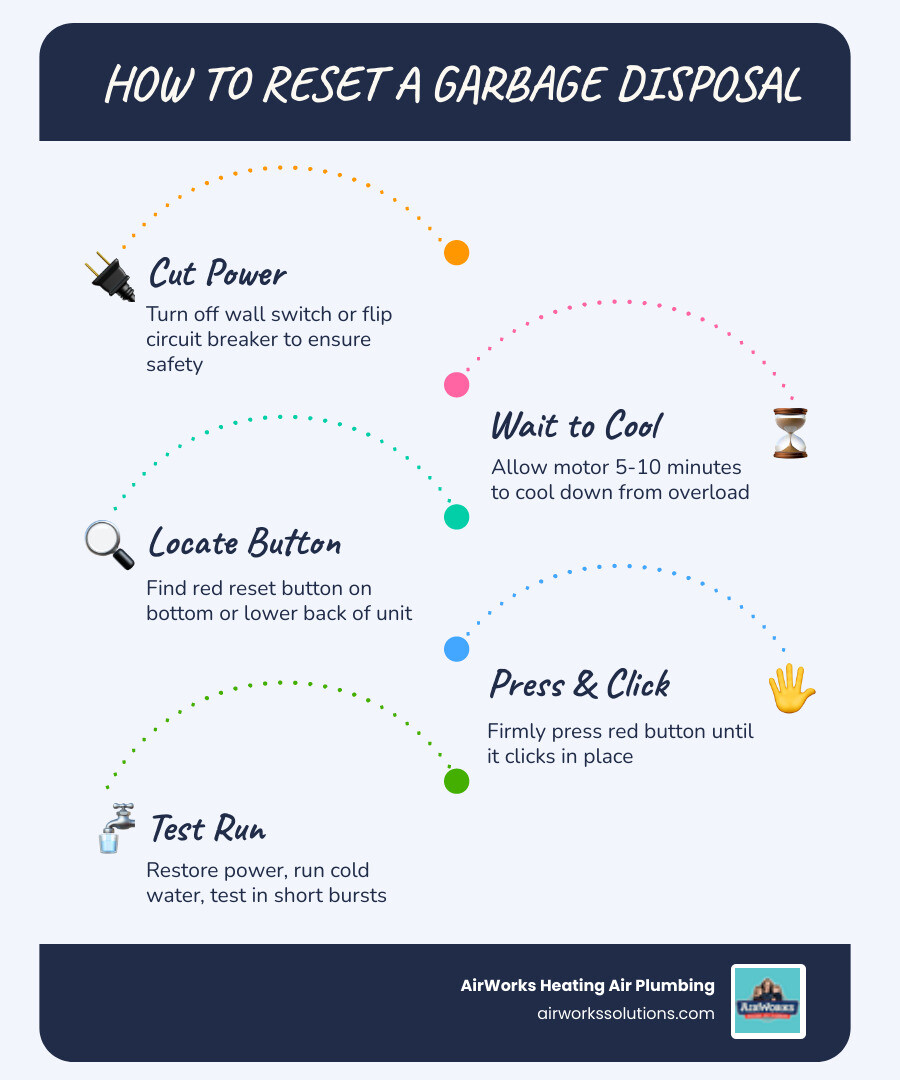 Step-by-step infographic showing how to reset a garbage disposal with labeled disposal parts - how to reset a garbage