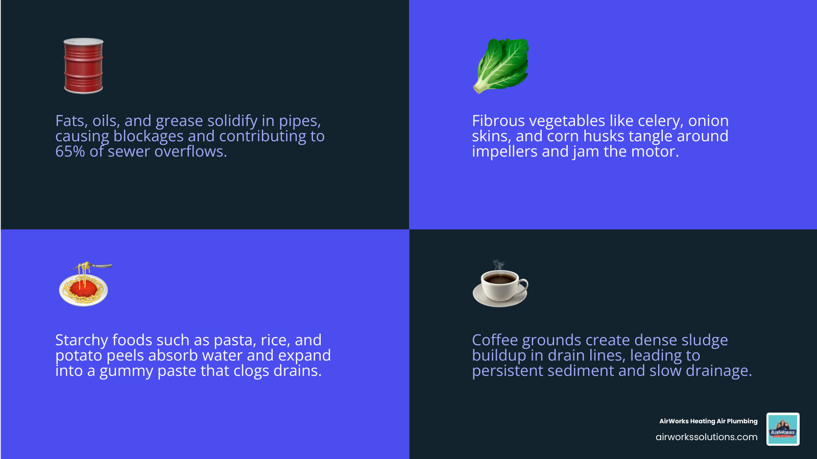 Infographic showing foods to never put in a garbage disposal with icons and brief reasons for each - foods you should never