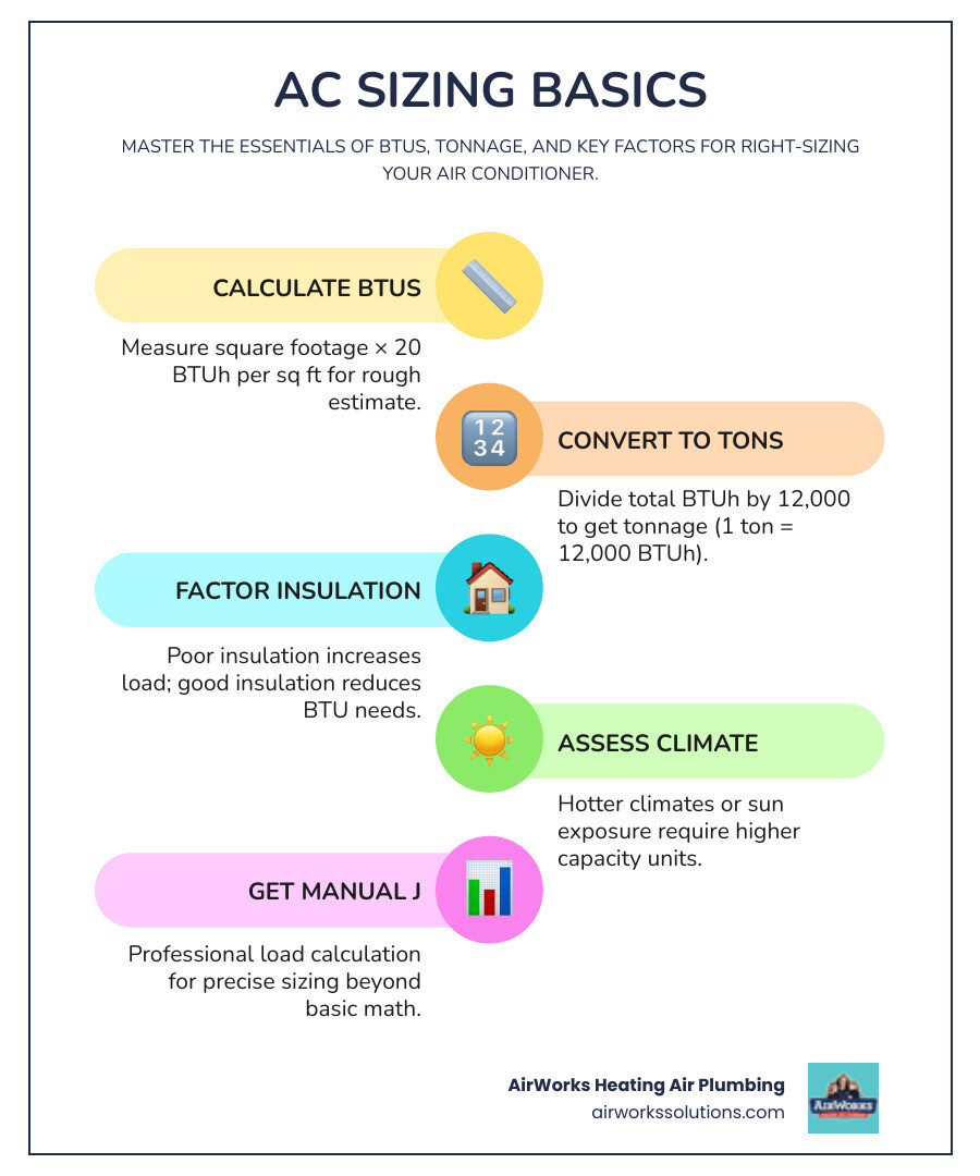 Infographic showing AC sizing basics: BTU formula, tonnage chart, and key factors like insulation and climate - ac unit