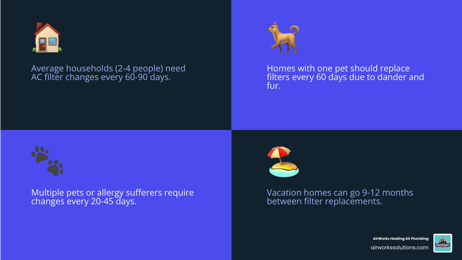 Infographic showing AC filter replacement schedule from 30 days to 12 months based on household type - how often should you