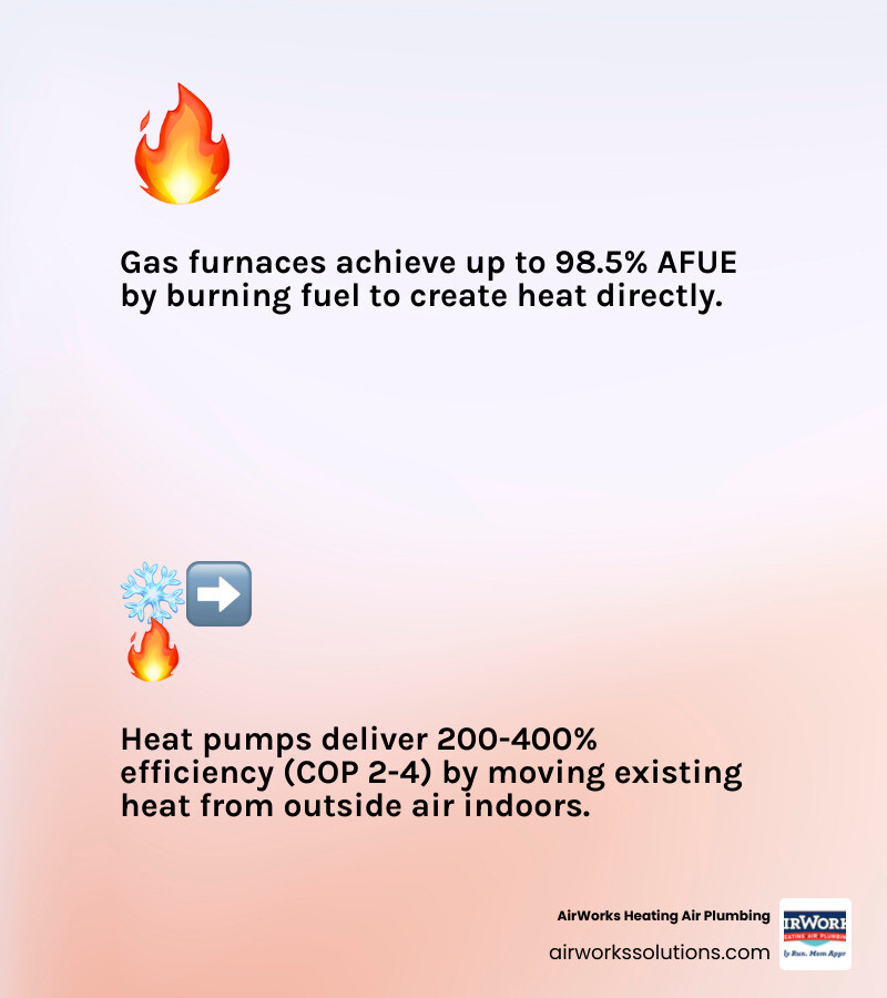 Infographic comparing heat pump vs gas furnace: efficiency, climate fit, safety, and incentives side by side - Heat Pump vs. Infographic comparing heat pump vs gas furnace: efficiency, climate fit, safety, and incentives side by side - Heat Pump vs.