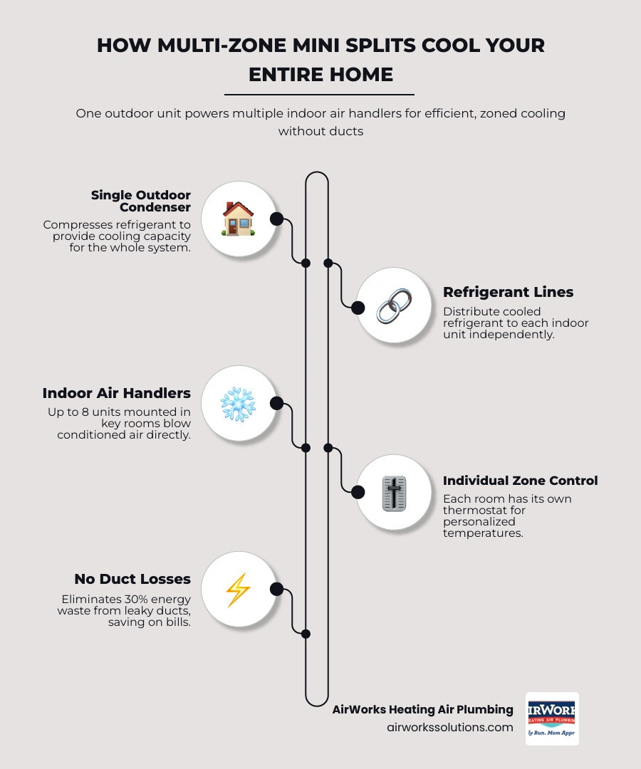Infographic showing how a single outdoor mini split unit powers multiple indoor zones for whole-house cooling - are mini Infographic showing how a single outdoor mini split unit powers multiple indoor zones for whole-house cooling - are mini