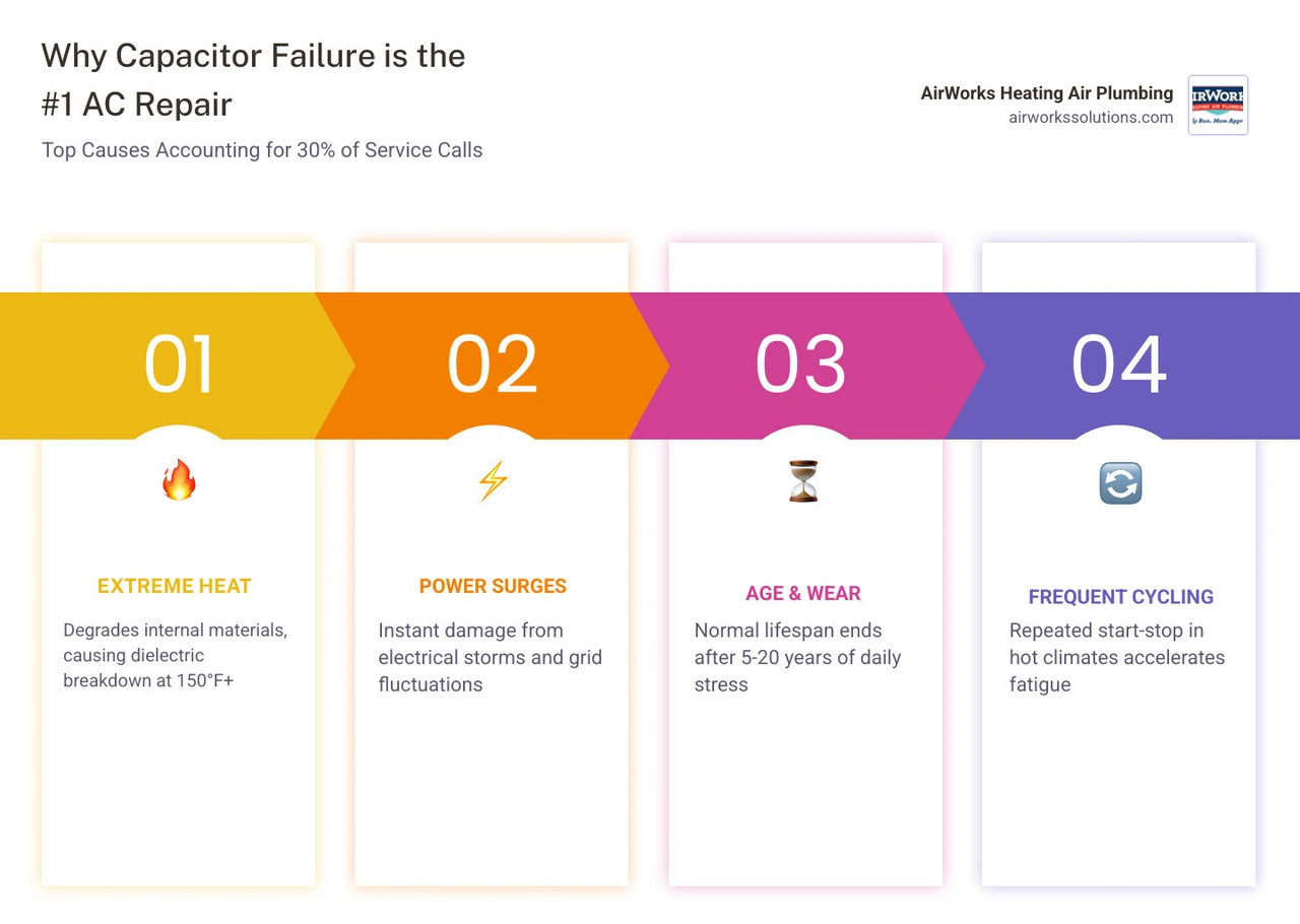 Infographic showing why capacitor failure is the most common AC repair including heat, age, surges, and cycling - capacitor Infographic showing why capacitor failure is the most common AC repair including heat, age, surges, and cycling - capacitor