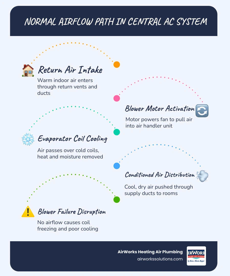 Infographic showing airflow path in central AC system and how blower motor failure disrupts cooling at each stage - how a