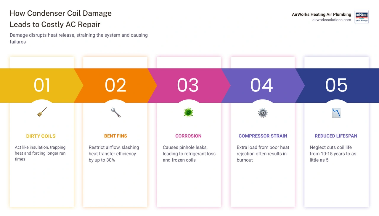 Infographic showing how condenser coil damage triggers energy loss, compressor strain, and costly AC repairs - how condenser