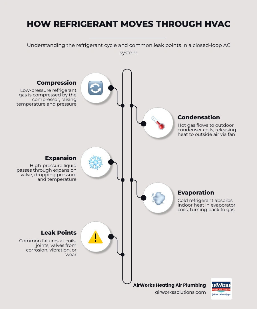 Infographic showing how refrigerant moves through an HVAC system and where leaks commonly occur - how refrigerant leaks