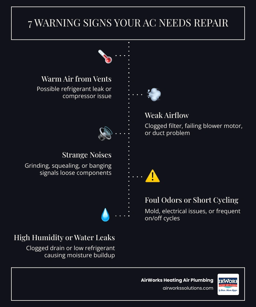 infographic showing 7 warning signs your AC needs repair including warm air, weak airflow, strange noises, odors, short