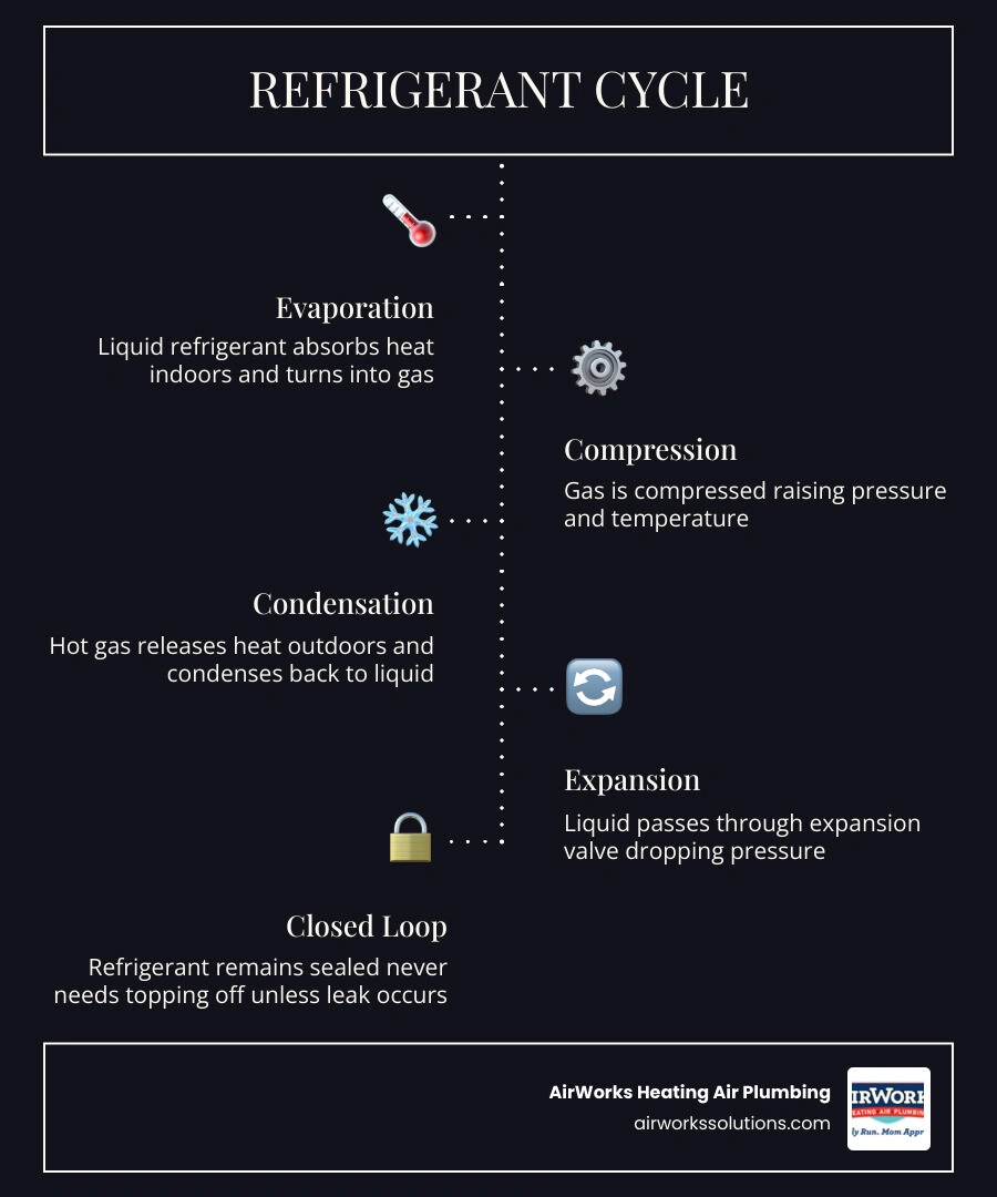 Infographic showing the closed-loop AC refrigerant cycle and when refrigerant is actually needed infographic