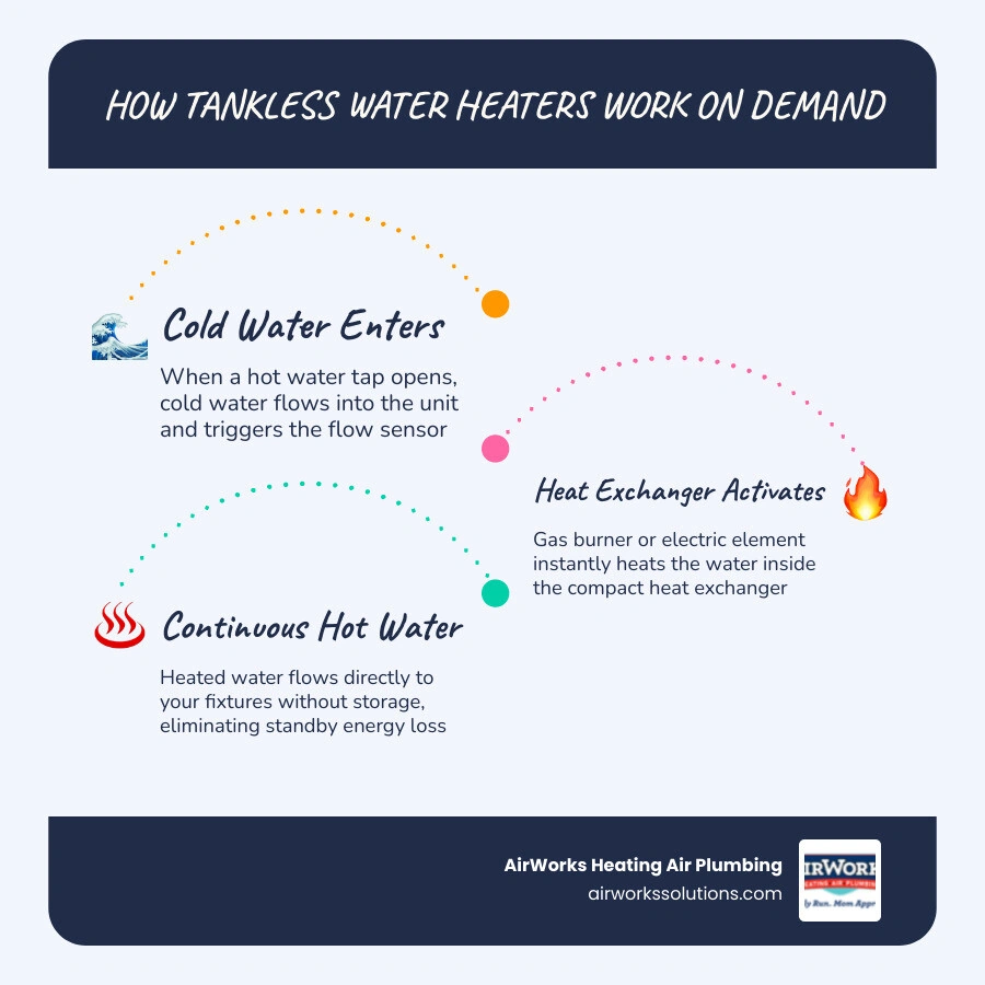 Infographic showing how a tankless water heater heats water on demand vs standby loss in tank models infographic