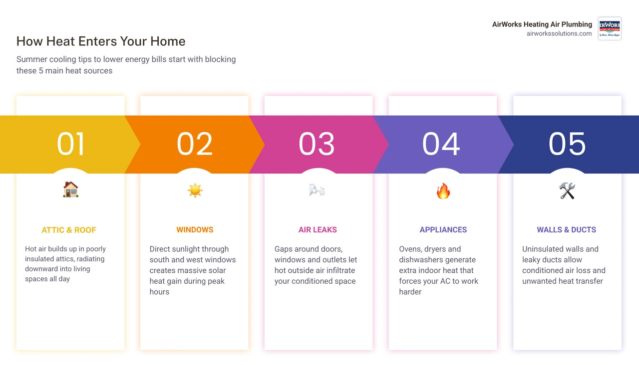Infographic showing how heat enters a home through windows, attic, air leaks, and appliances with tips to block each source