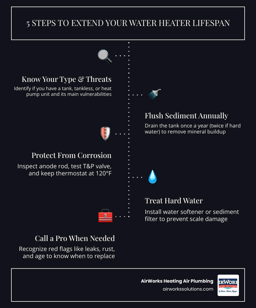 5 steps to extend water heater life: flush sediment, check anode rod, set to 120F, treat hard water, call a plumber when
