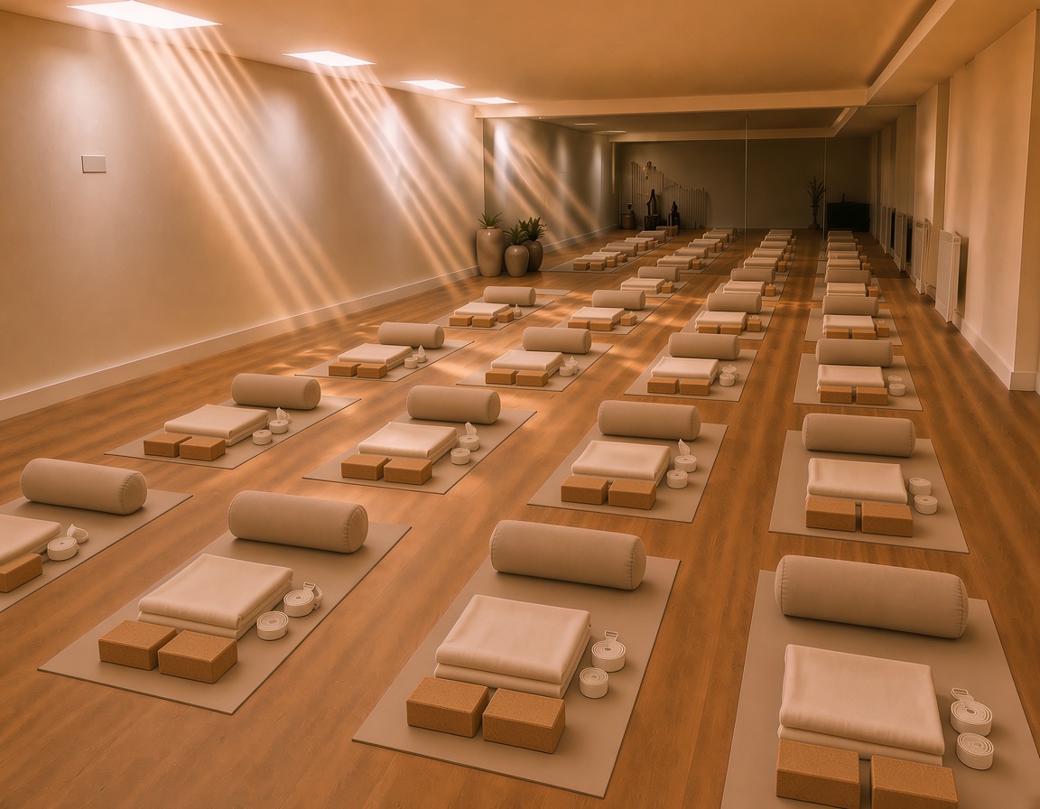 Yoga studio with rows of mats neatly arranged on a wooden floor, each equipped with cushions, yoga blocks, and straps, illuminated by warm natural light from ceiling windows.