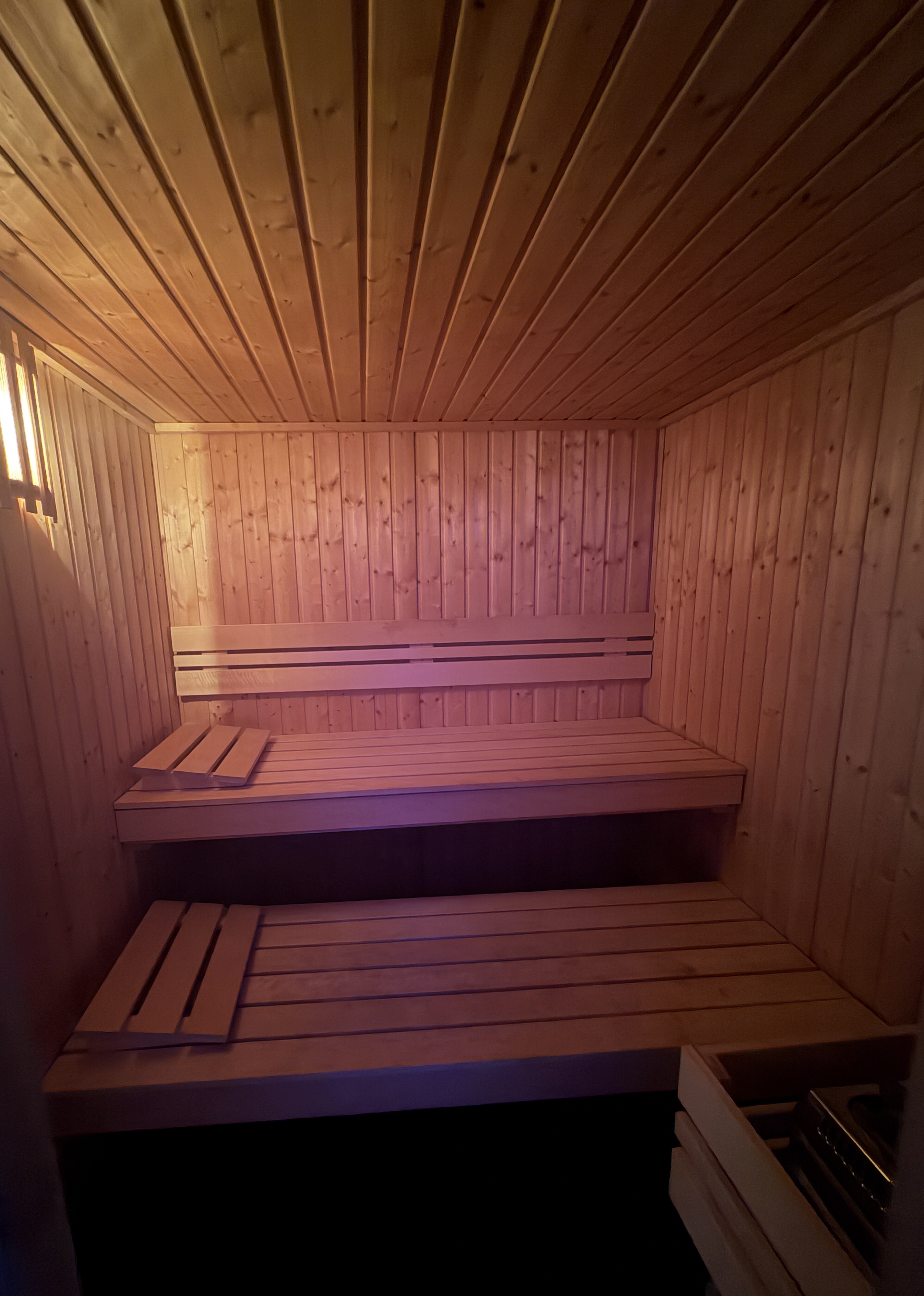 Interior of a wooden sauna with two-tiered benches, a small wooden backrest on the upper bench, and a light fixture on the left wall.