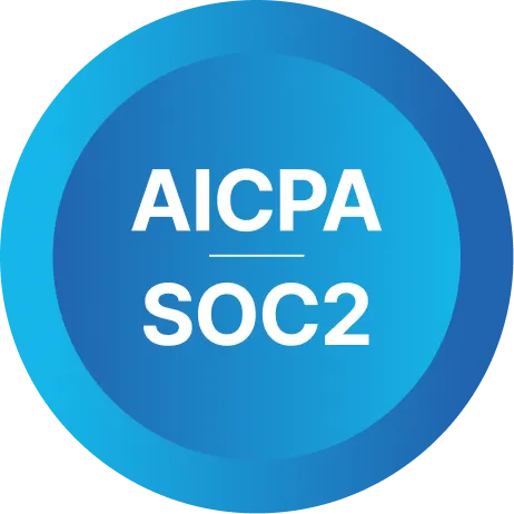 Round blue badge with white text AICPA SOC2 in the center.