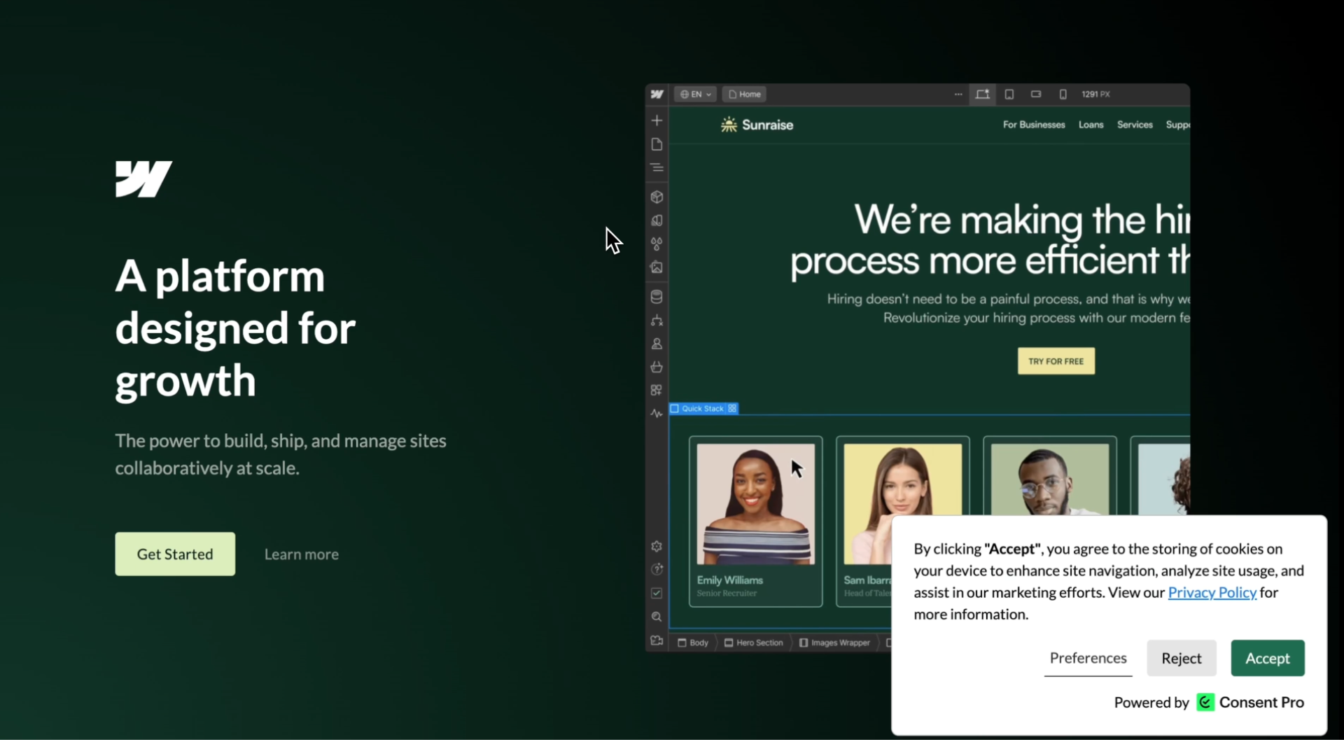 Webflow Designer showing heading styles configuration