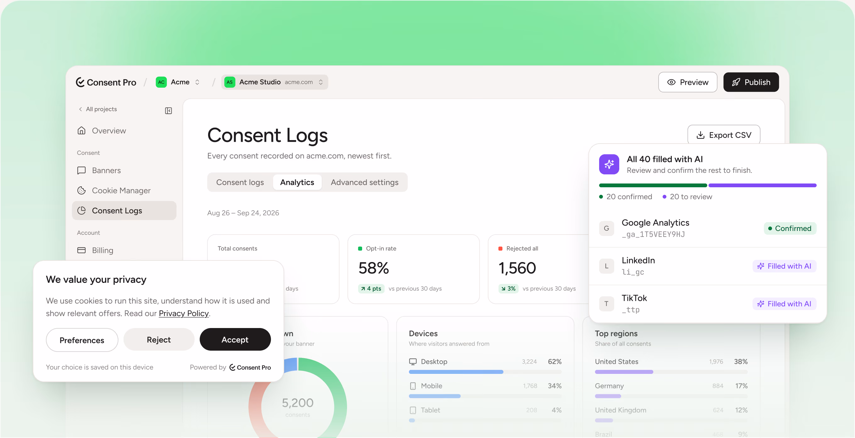 Consent Pro webapp with consent analytics, AI tracker review and a cookie banner